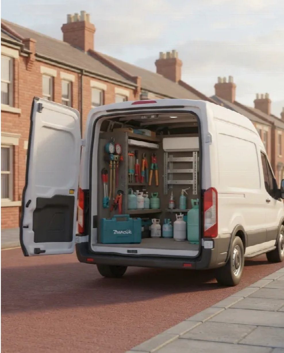 Illustration of an installer's van with its rear doors open, showing tools and gas cylinders on a Norfolk street